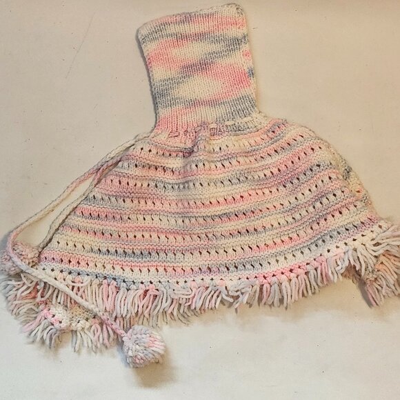 ADORABLE BABY Poncho Knit with Pom Poms and Tassel Fringe 0-6 Months - Picture 3 of 3